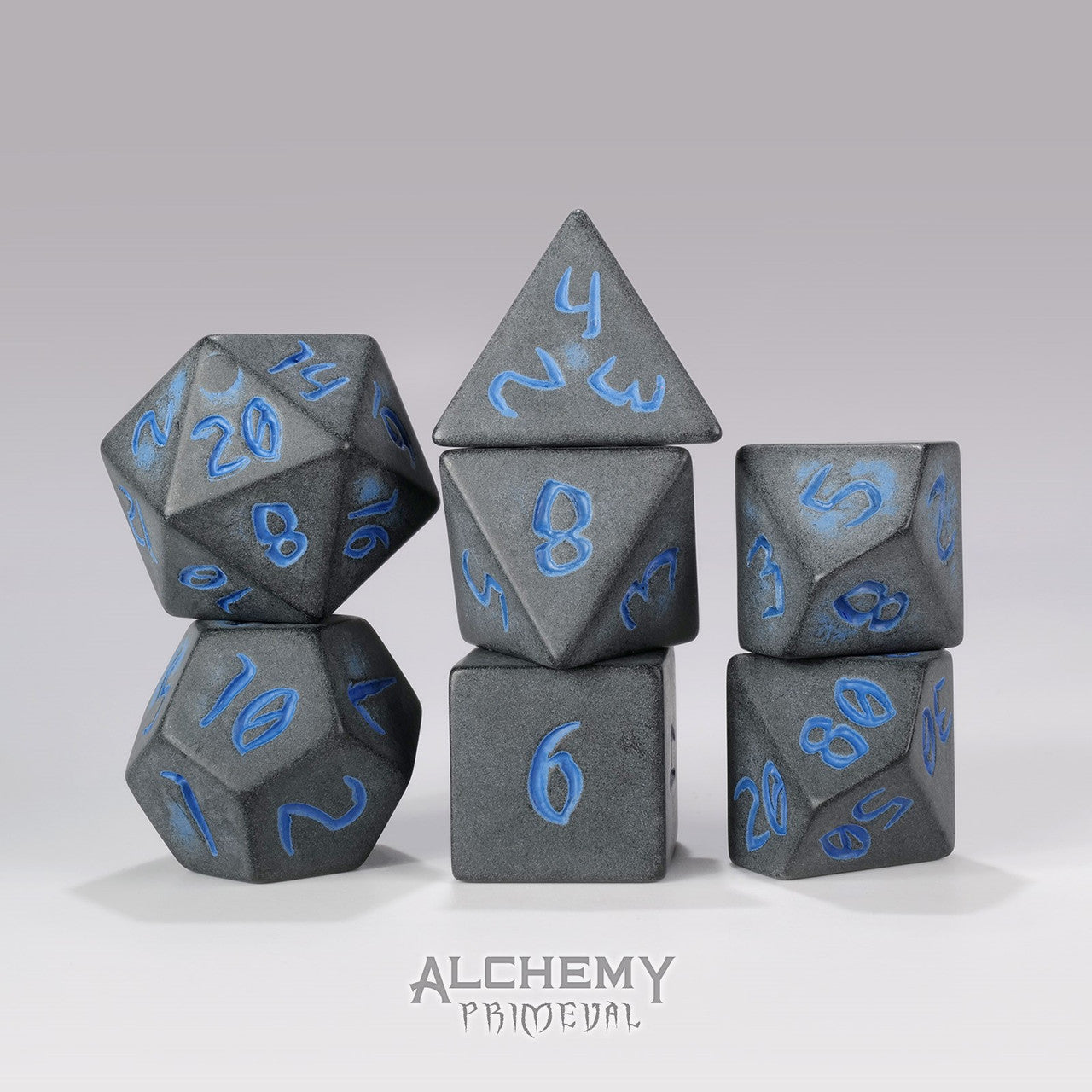 Primeval:Charcoal with Blue Ink 7pc Custom Font Polyhedral Dice Set